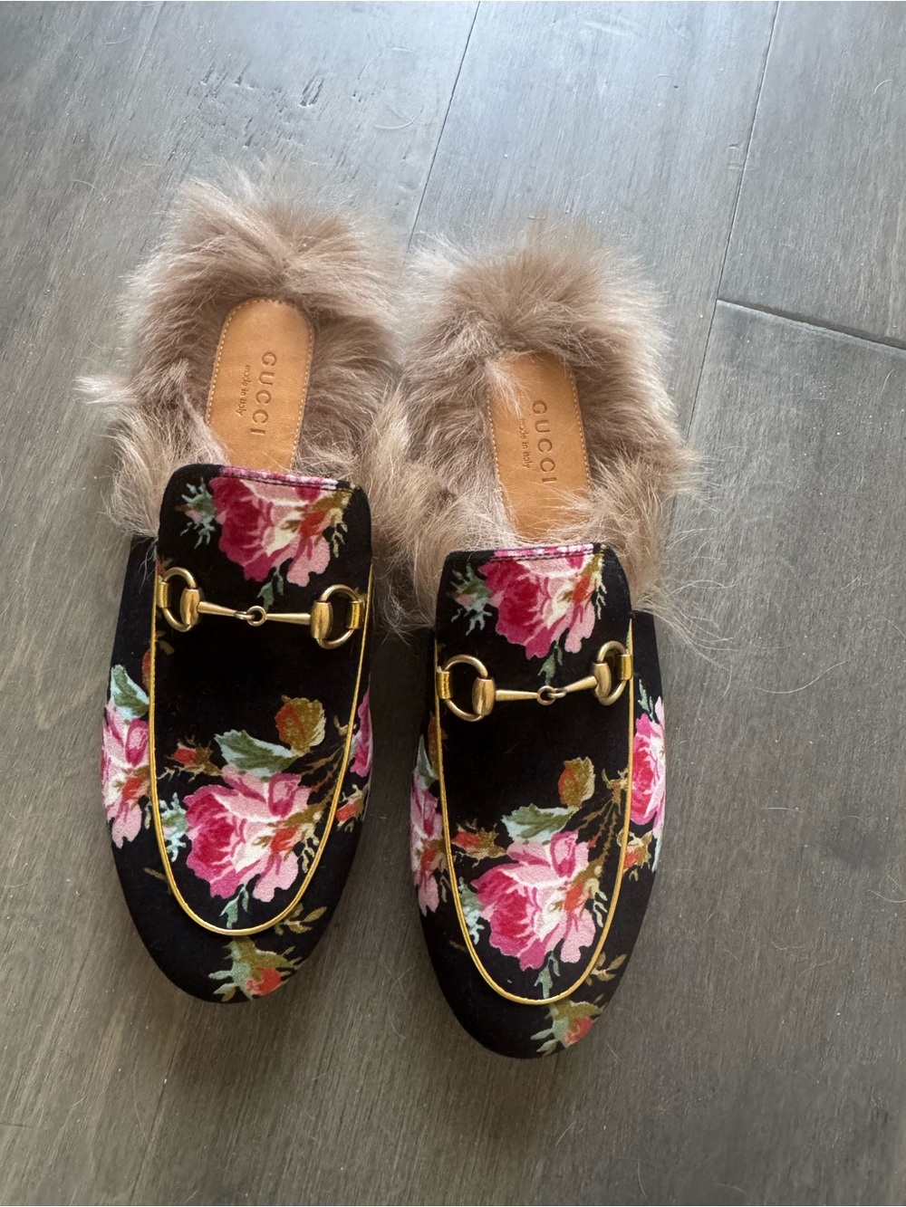 Gucci Princetown Black Velvet Floral Fur-Trim Horsebit Mules
